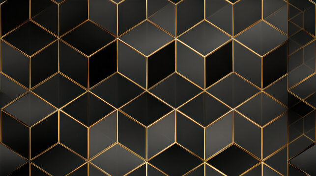 Seamless geometric cube pattern with metallic gold edges on dark background, 3D abstract luxury texture, modern stylish design