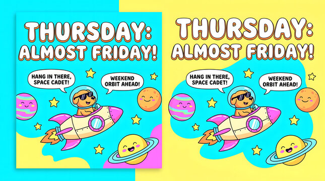 A cute cartoon dog in sunglasses rides a rocket ship through space, with planets and stars, celebrating Thursday as almost Friday.
