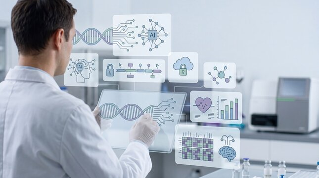 Scientist analyzing DNA structure and genetic data on futuristic holographic display, biotechnology research laboratory concept, medical innovation with artificial intelligence