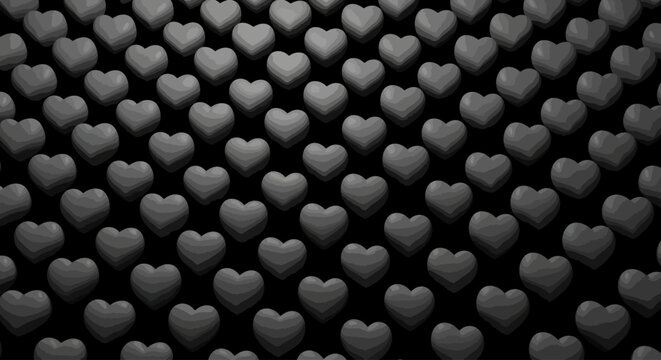 Abstract pattern of numerous dark heart shapes arranged in a repeating grid, creating a textured and evocative background for themes of love, romance, and deep emotion
