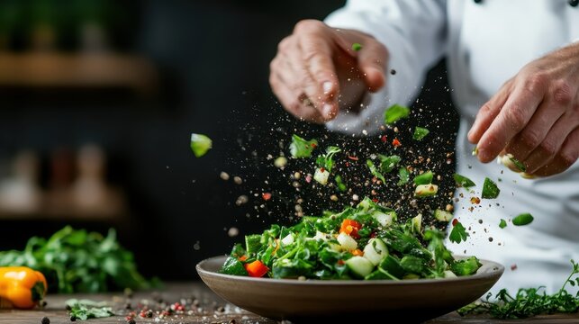 A chef expertly tosses a vibrant salad with a flurry of fresh ingredients, showcasing culinary skills and the beauty of healthy eating in a dynamic kitchen setting.