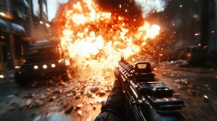 Naklejka premium A dramatic scene depicting an explosion during an urban conflict, showcasing a soldier aiming their weapon amidst debris and chaos, highlighting the intensity of warfare.