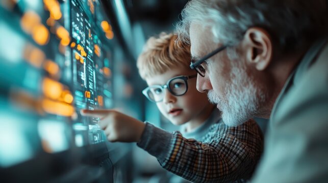 A touching image of an older man and a young boy interacting with a high-tech control panel, highlighting the bond between generations and the joy of learning together in a modern setting.