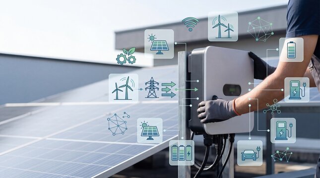 Technician installing solar inverter on rooftop with green energy icons, sustainable power concept, renewable electricity generation and smart grid integration for modern