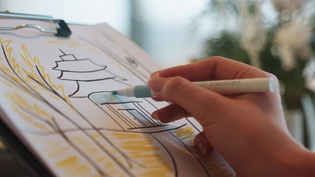 Hand coloring architectural sketch on clipboard, designer adding blue wash and yellow accents, closeup of right hand guiding marker over fine linework, soft natural light and blurred plant background,