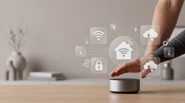 Person using a smart home assistant speaker to control connected devices like lights and security through a wireless internet network in a cozy living room interior.