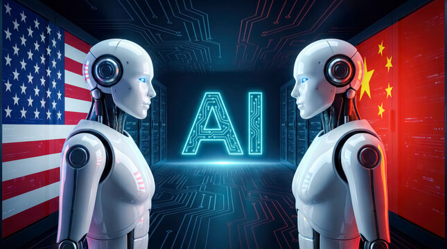 USA and China AI rivalry concept with humanoid robots, glowing artificial intelligence sign and futuristic technology background. 