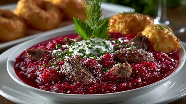 A hearty borscht with meat and sour cream served in a white bowl &ndash; an appetising backdrop for restaurant menus, cookbooks and articles on traditional cuisine.