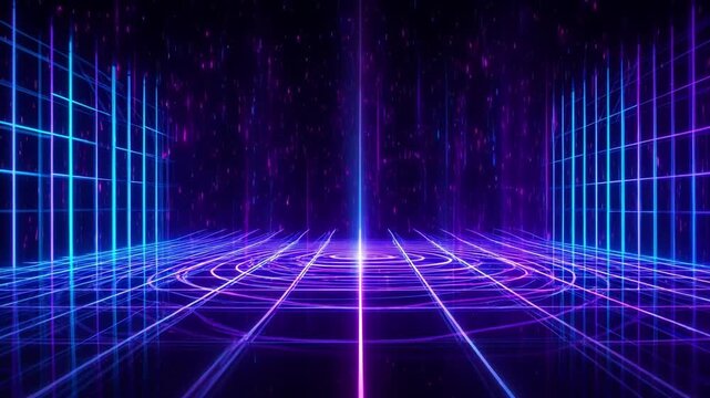 Abstract futuristic tunnel with blue neon light and digital grid lines