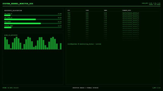 Futuristic System Kernel Monitor HUD with Green Digital Resource Allocation Interface and Computer Disk IO Activity Monitoring Analytics Screen.