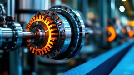 Fototapeta premium An intricate close-up of industrial gears and machinery featuring glowing elements, showcasing the beauty of modern engineering and technology in motion.