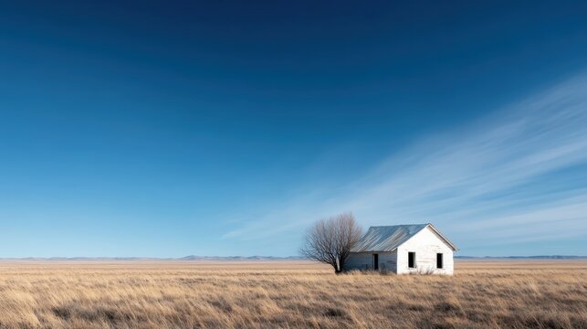 A solitary white house sits in an expansive field under a clear blue sky, evoking a sense of isolation and tranquility in the rural landscape.