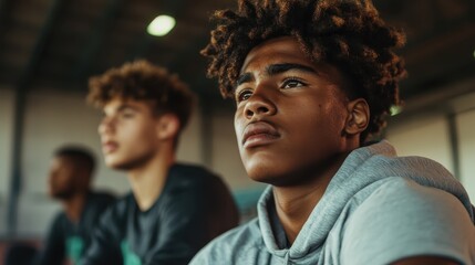 Obraz premium A focused young athlete gazes pensively, reflecting determination and ambition, while other teammates are captured in the background, highlighting a moment of contemplation.