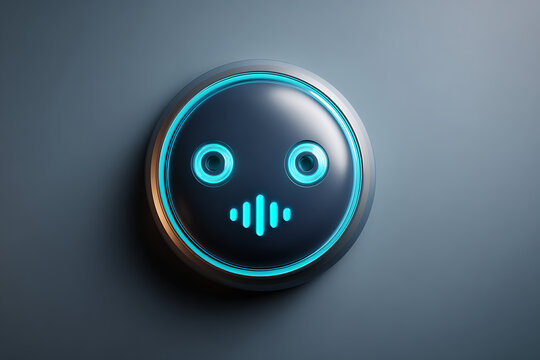 Neon blue emoticon face, glowing emoji button, futuristic interface icon, digital signage element