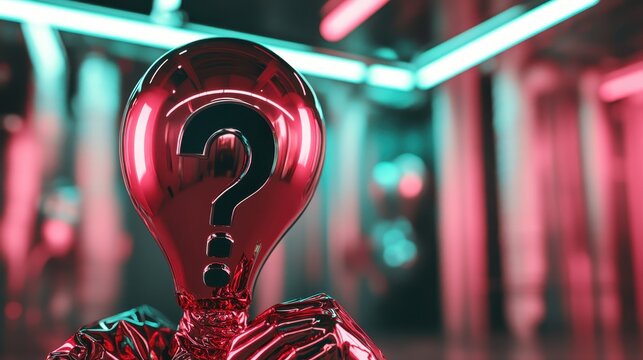 A shiny, reflective sculpture in the shape of a question mark, set in a vibrant neon environment, stimulating thoughts about curiosity and contemplation.