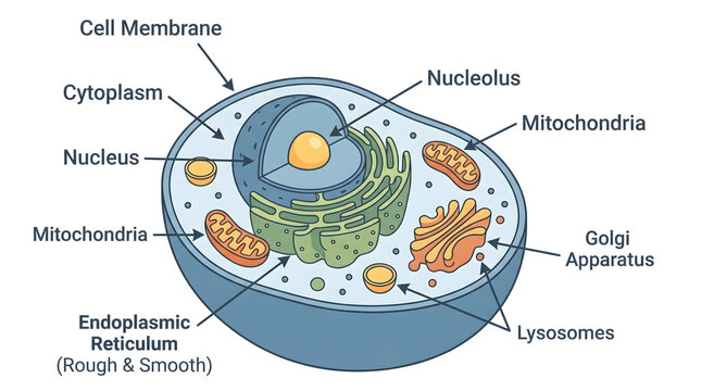 Diagram illustrating the various organelles within a typical animal cell, including the nucleus, mitochondria, and endoplasmic reticulum.
