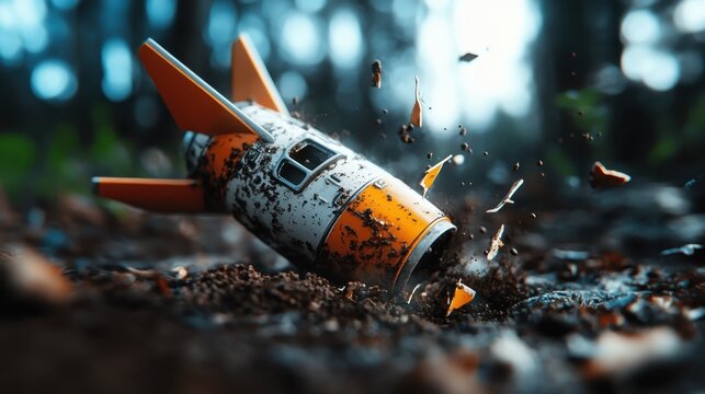 A captivating image showing a crashed vibrant orange rocket among the greenery and soil, emphasizing the contrast between technology and nature's resilience.