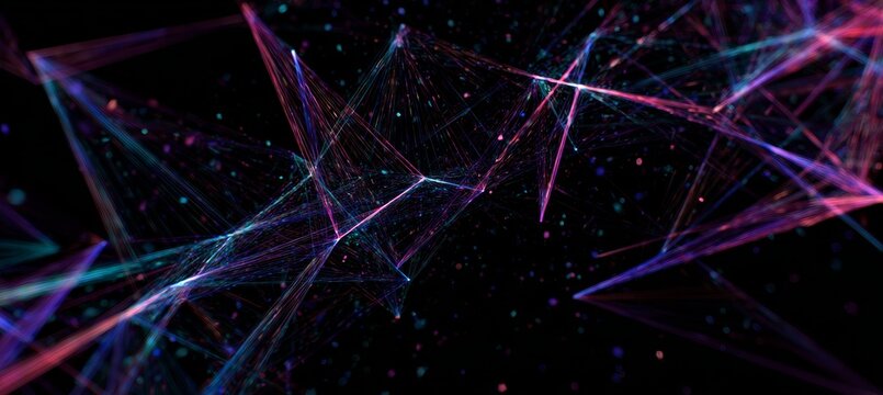 Abstract colorful network nodes on dark background. Generative AI technology.
