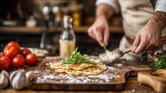 A chef skillfully prepares pancakes in a cozy kitchen, surrounded by fresh ingredients, embodying the warmth of home cooking and culinary creativity.