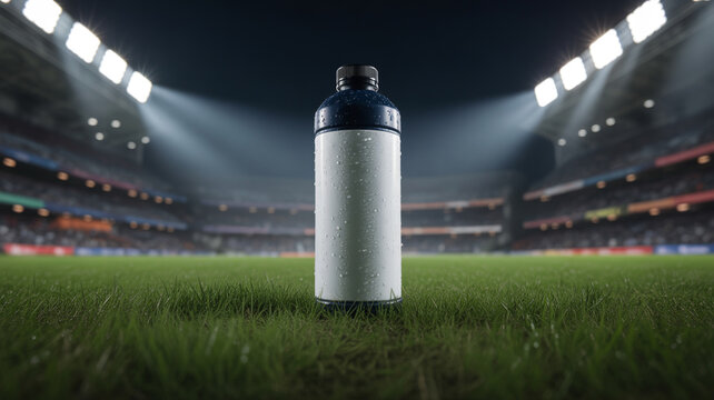 White sports water bottle on a football field with stadium lights