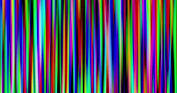 Multicolor vertical stripes animation, vibrant rainbow-colored bars shifting and pulsing across full frame on black background, front view, representing creativity, festivity, and digital art concept.
