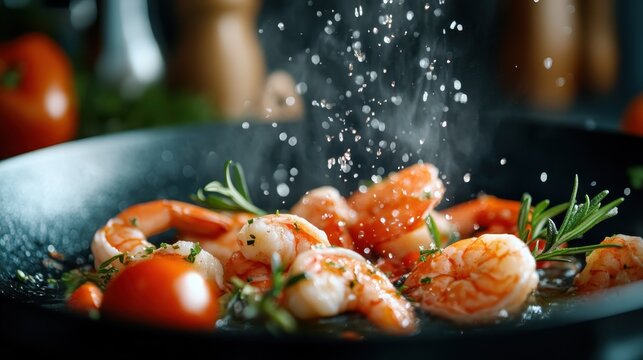 Delicious shrimp being cooked with tomatoes, herbs, and spices, creating a tantalizing dish that showcases the beauty of culinary art and fresh ingredients in action.