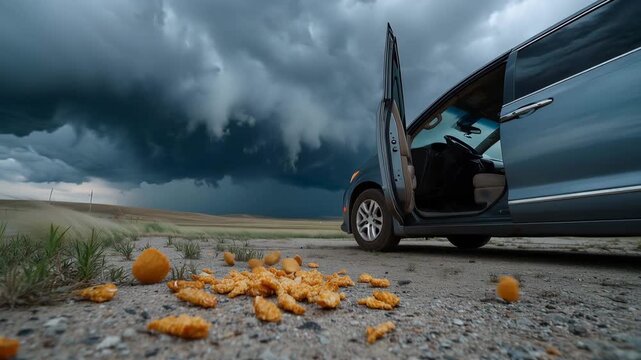 Desolate rest stop parking lot with minivan door open, kids' legs dangling out, scattered goldfish crackers on pavement, dramatic storm clouds gathering over prairie landscape beyo