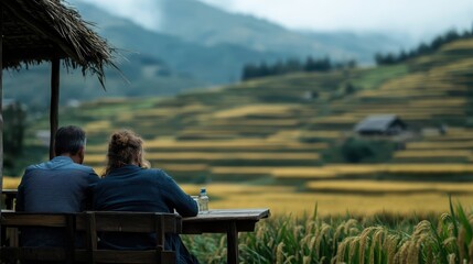 Fototapeta premium A couple sitting together on a wooden bench enjoys a beautiful scenic view of terraced rice fields, symbolizing love and connection with nature in a serene setting.
