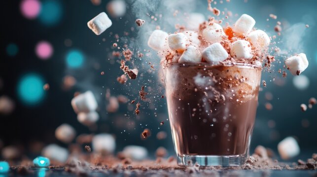 An enticing glass of hot chocolate topped with fluffy marshmallows bursts with flavor, creating a visually scrumptious moment that evokes warmth and delight on a cold day.