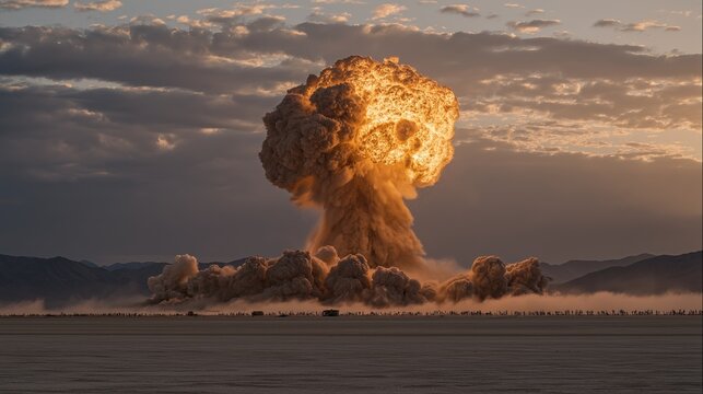 Massive nuclear explosion forms huge fiery mushroom cloud over flat desert plain with distant mountains under cloudy sunset sky showing destructive power