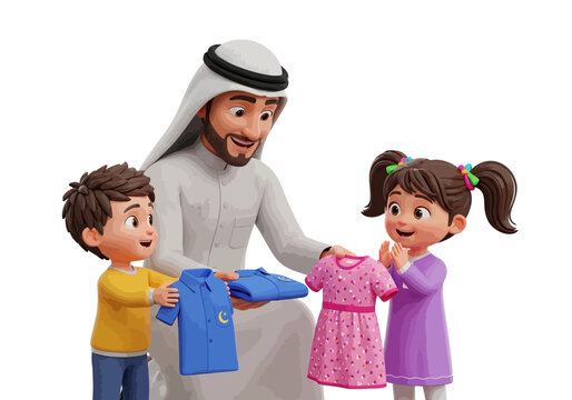 Man giving clothes to children.