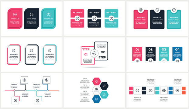 Set infographic with 2, 3, 4 steps, options, parts or processes. Business data visualization.