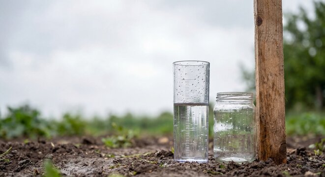 Rain Gauge And Glass Jar On Wet Garden Soil