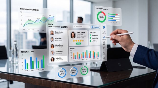Futuristic holographic user management system dashboard in office, business analytics with performance trends, project progress charts and employee data visualization for