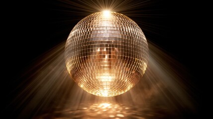Obraz premium Large golden mirrored disco ball glowing with bright reflected light beams against dark black background for retro night party disco concept