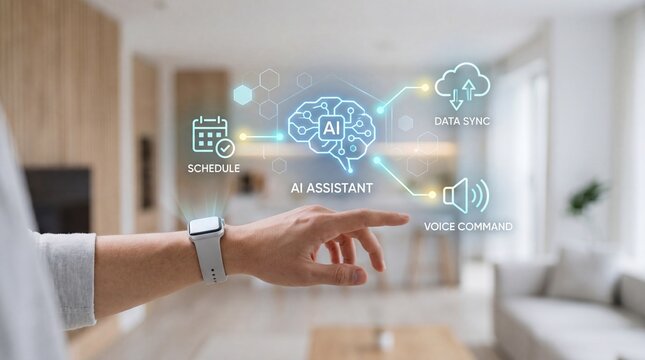 Smart home automation system interface showing AI assistant, voice command and data sync features controlled by a user wearing a smartwatch in modern living room.