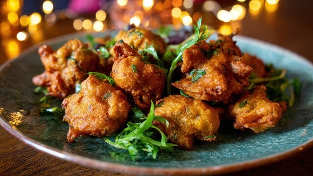 Crispy Golden Vegetable Pakoras Served as an Appetizer on a Rustic Blue Plate with Fresh Herb Garnish and Festive Bokeh Background
