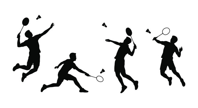 Badminton players silhouettes in action on court black and white