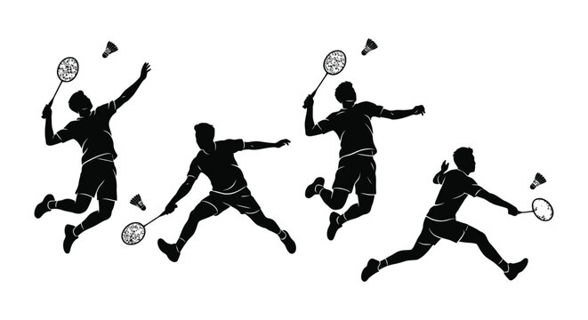 Badminton players silhouettes in action during a match