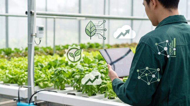 Modern farmer using tablet in greenhouse, smart farming concept with IoT sensors and digital agriculture icons for sustainable food production and automated plant monitoring system