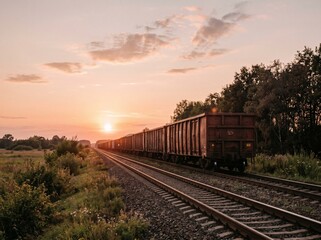 Fototapeta premium A long freight train travels through a vast rural landscape under a warm sunset with glowing orange skies