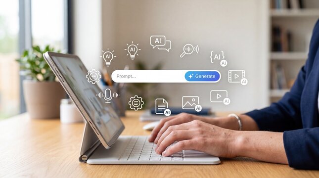 Person typing on laptop keyboard with AI generation interface, prompt bar, generate button, icons for text, image, video, voice, settings, creative tools for artificial