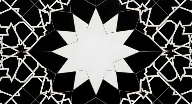 Black and white islamic geometric pattern with star in the center, middle easter