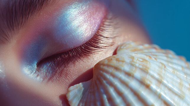 Iridescent eyeshadow makeup look with seashell close up beauty shot for editorial use only