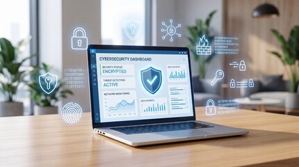 Fototapeta premium Cybersecurity dashboard on laptop screen, digital protection concept, network monitoring and threat detection active status, encrypted data security system with futuristic