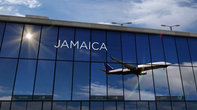 Plane landing at Jamaica, Kingstone. Arrival in the city with the glass airport terminal and reflection of the jet aircraft. Travel, business, tourism and transport 3D concept.