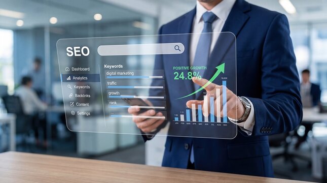 Man in suit using transparent interface for SEO analytics dashboard, displaying keywords ranking, traffic growth and search engine optimization metrics.