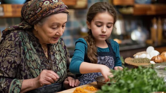 Elderly immigrant grandmother teaching her granddaughter traditional Nowruz cooking techniques in modest kitchen filled with herbs and spices, intergenerational wisdom transfer cap