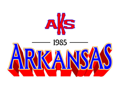 Vintage-style 3D typography design featuring 'Arkansas' and 'AKS' with 1985 date, in bold blue and red colors on a white background.