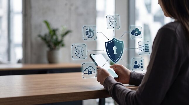 Woman using smartphone with digital shield and security icons, illustrating mobile cybersecurity and data protection measures